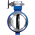 Ein blaues Absperrklappenventil mit Metallgehäuse und Handrad auf dunklem Hintergrund.