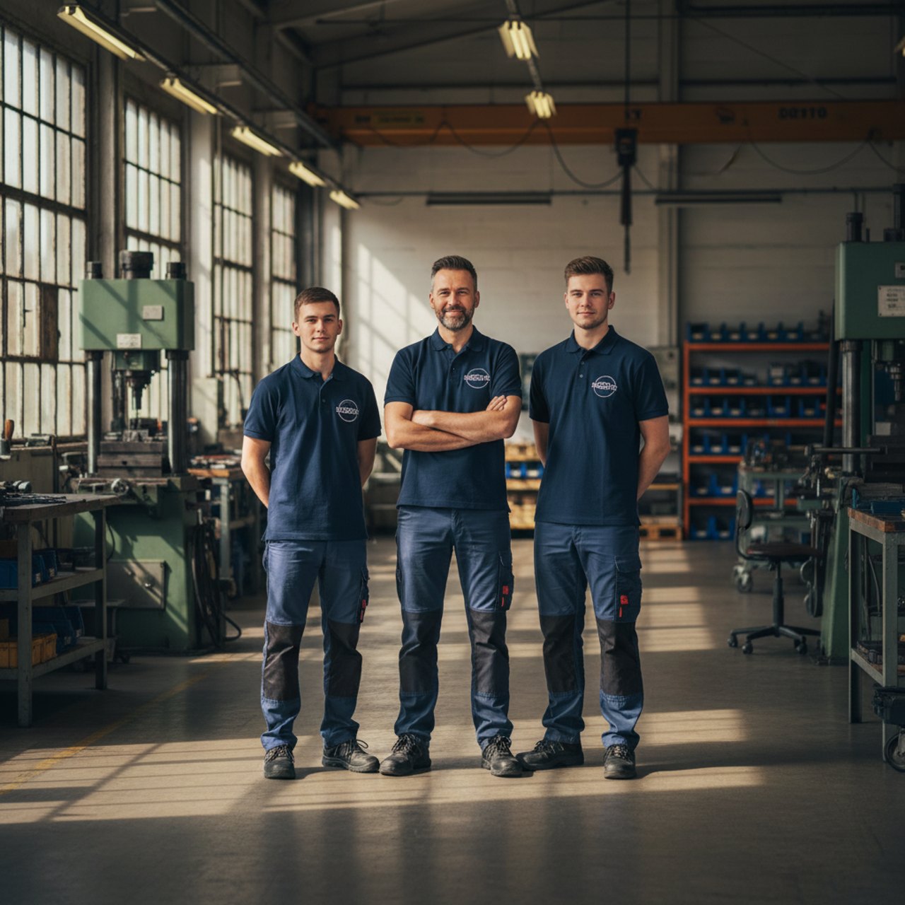 Inhaber und zwei Mitarbeiter in Arbeitskleidung in einer hellen Werkstatt