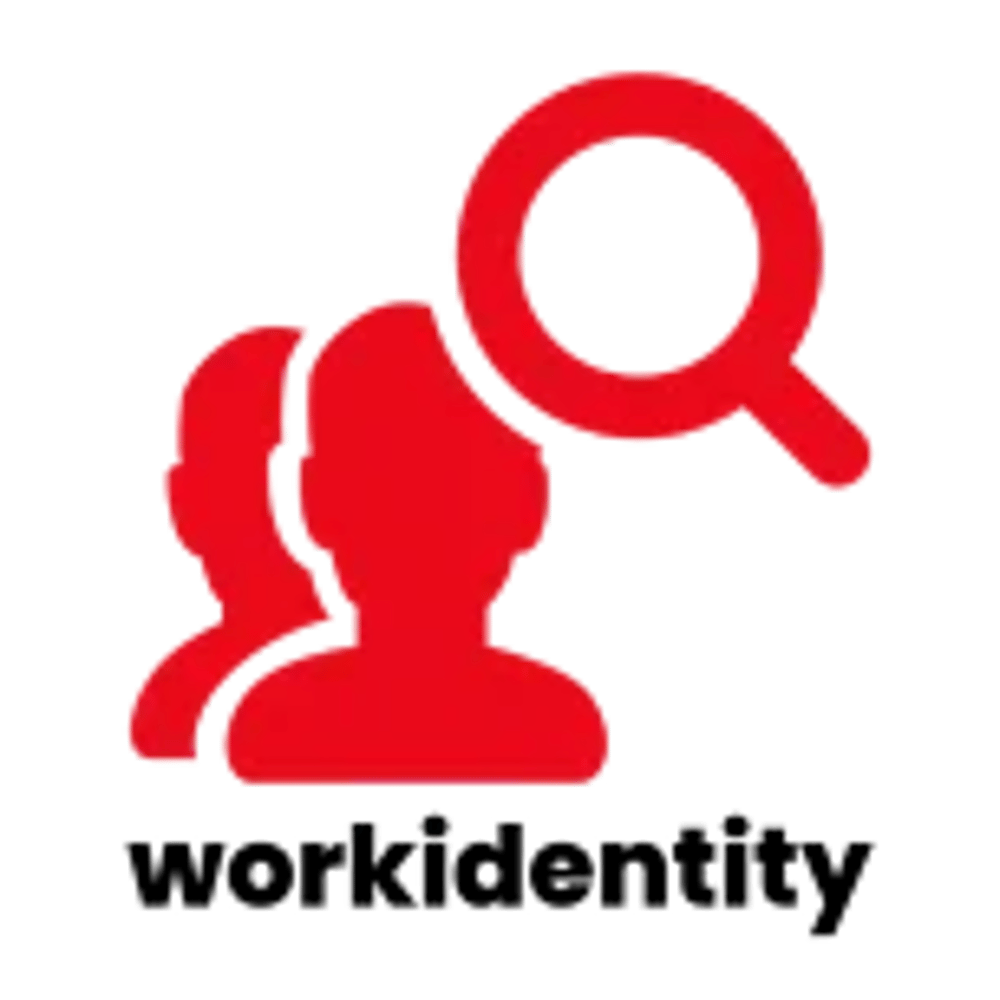 Rote Silhouetten von zwei Personen und einer Lupe auf grünem Hintergrund, darunter "workidentity".