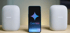 
Ein zentral platziertes Smartphone, das das "Gemini"-Logo auf dem Bildschirm anzeigt. Das Smartphone wird von zwei weißen, ovalen intelligenten Lautsprechern flankiert, die jeweils vier leuchtende Punkte aufweisen.