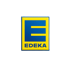 Blaues EDEKA Logo auf gelbem Quadrat.