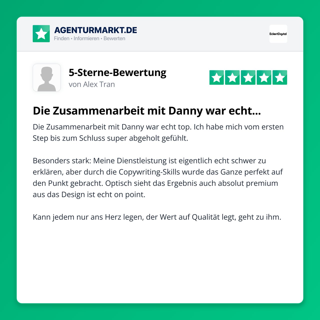Bewertung von Alex Tran – 5 Sterne auf Agenturmarkt.de