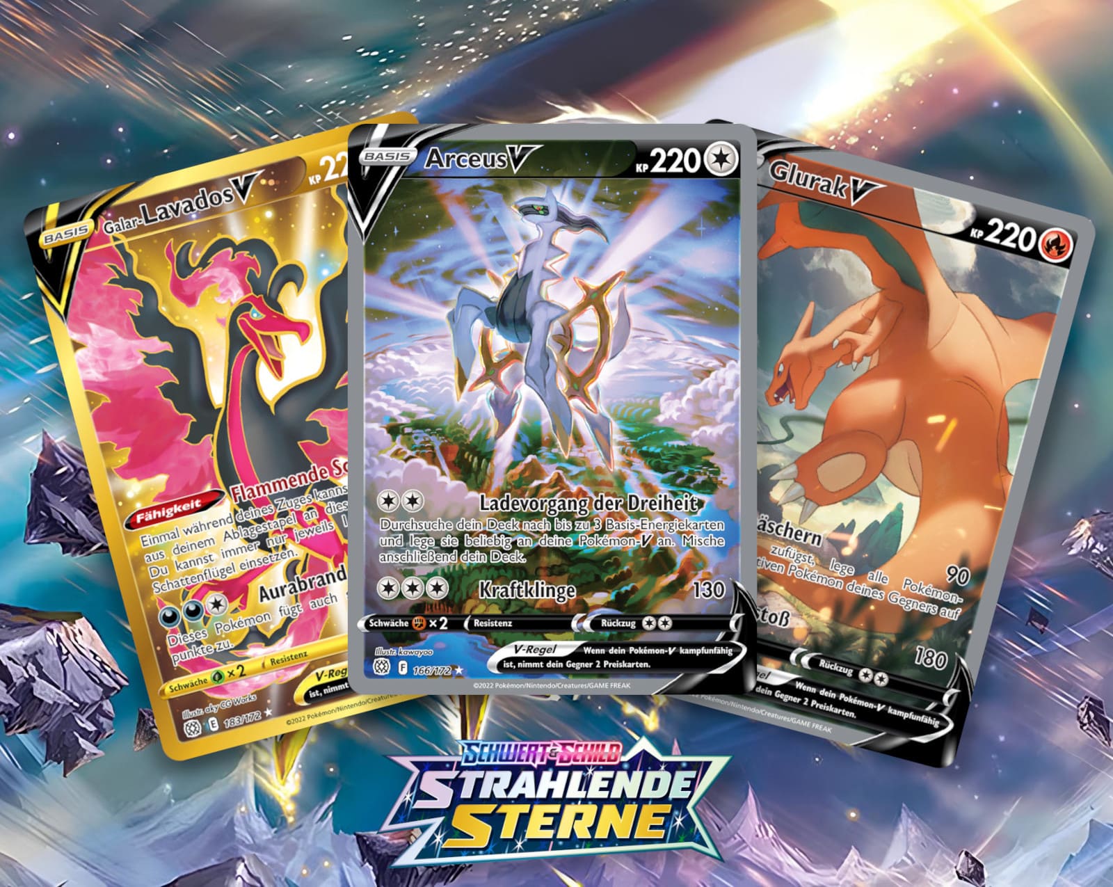 Eine Gruppe von Pokémon-Sammelkarten, die über einen Tisch verstreut sind, mit bunten Illustrationen und verschiedenen Charakteren.