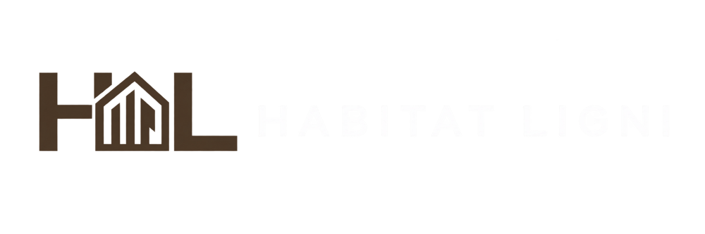 Habitat Ligni Logo mit braunen Buchstaben H und L, einem Haus-Symbol und weißem Schriftzug auf schwarzem Hintergrund.