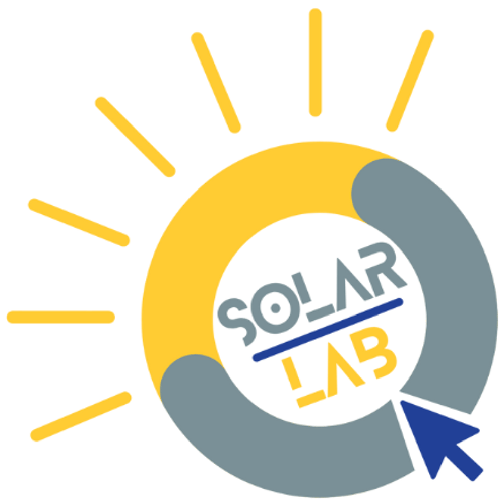Logo: Gelbe Sonne mit Strahlen, umgeben von einem grauen Kreis, Text "SOLAR WEB-DESIGN LAB" und blauer Cursor.