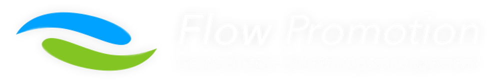 Logo von Flow Promotion Gesundheits- & Leistungsmanagement mit blauem und grünem geschwungenem Symbol.