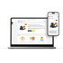 Laptop und Smartphone zeigen die Webseite einer Erdbau-Maschinenschulung mit Bagger-Symbol.