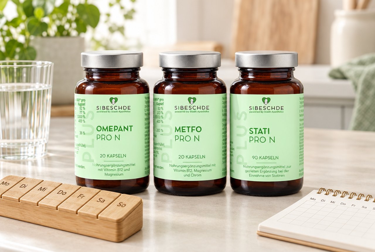 S|BESCHDE Omepant Pro N, Metfo Pro N und Stati Pro N auf einer ruhigen Küchenablage mit Wochen-Pillendose aus Holz, Glas Wasser und Notizblock