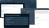 Vier überlappende Bildschirme zeigen die Benutzeroberfläche einer Software mit Formularen, Eingabefeldern und Optionen.
