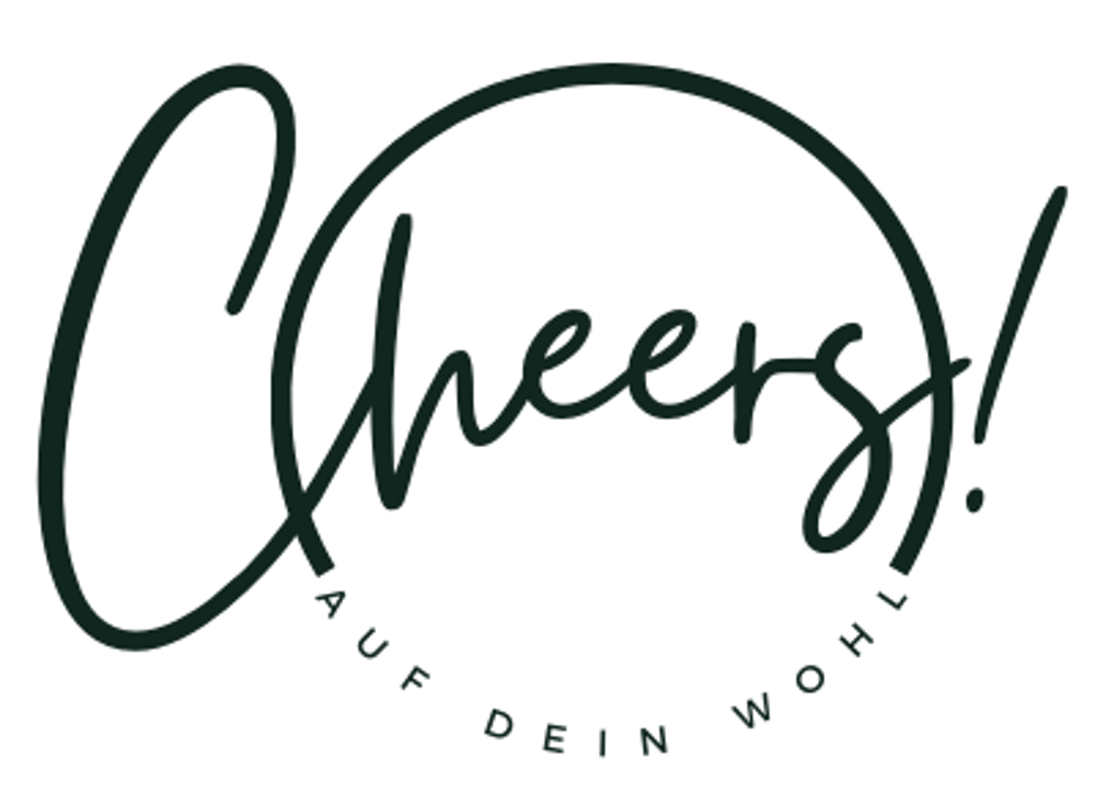 Schriftzug "Cheers!" in einem Kreis, darunter "AUF DEIN WOHL".