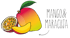 Eine ganze Mango, eine Mangoscheibe und eine halbe Maracuja mit dem Text "MANGO & MARACUJA".