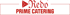 Rotes Logo mit „Kedo Prime Catering“ in stilisierten Buchstaben auf grünem Hintergrund.