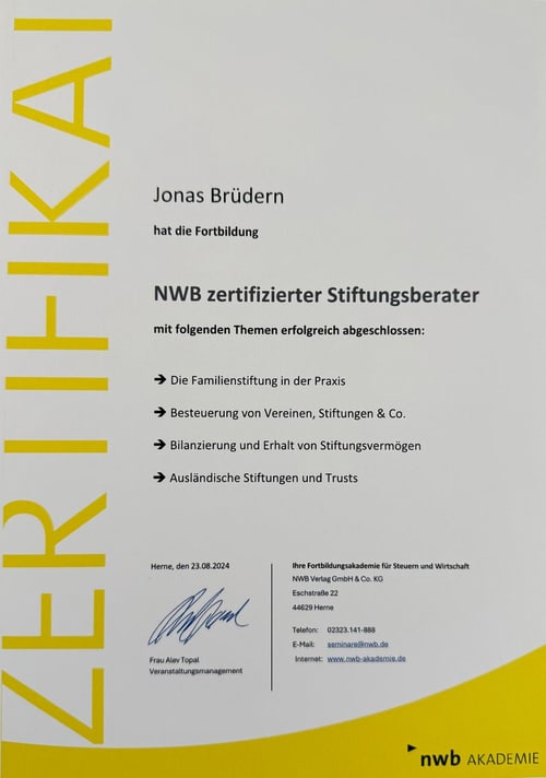Zertifikat NWB Zertifizierter Stiftungsberater Jonas Brüdern