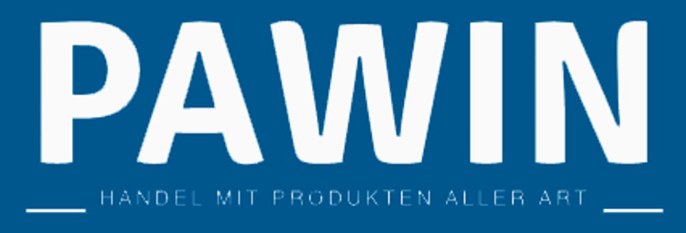 PAWIN Logo, weißer Text auf blauem Hintergrund, mit "HANDEL MIT PRODUKTEN ALLER ART" in kleinerer Schrift darunter.