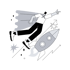 Ein fliegender Superheld mit Umhang und eine startende Rakete zeigen Wachstum und Erfolg.