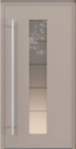 Moderne Haustür in Taupe mit vertikalem Fenster und einem langen, silbernen Stangengriff.
