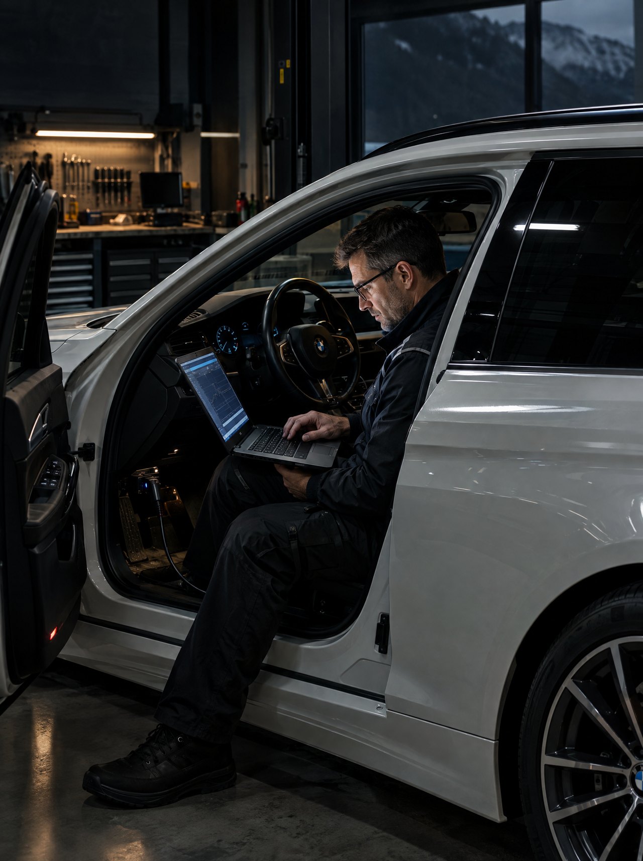 Automobildiagnostiker mit Laptop im Fahrzeug