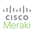 Cisco Meraki Logo mit grauen und grünen Text auf dunkelgrünem Hintergrund.