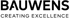 BAUWENS Logo in Schwarz auf grünem Hintergrund mit dem Slogan "CREATING EXCELLENCE".