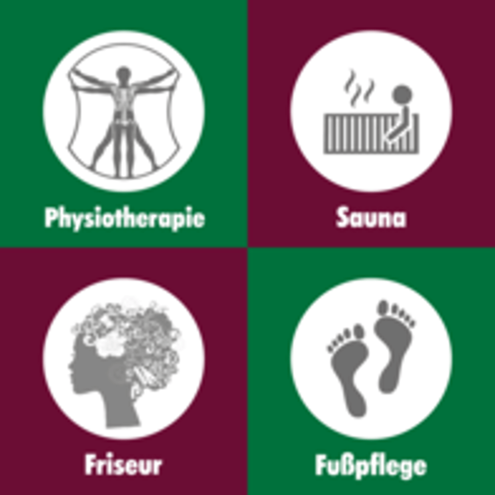 Vier weiße Symbole auf farbigem Hintergrund: Physiotherapie, Sauna, Friseur, Fußpflege.
