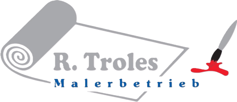Graues Logo mit "R. Troles Malerbetrieb" und Pinsel, der rote Farbe tropft, eingerahmt von einer Farbrolle.