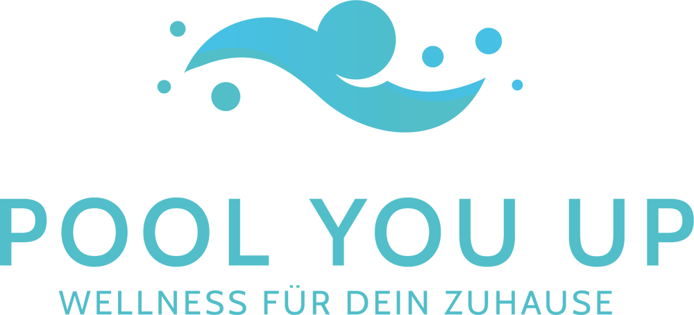 Türkises Logo mit Wasserwellen-Grafik und Text "POOL YOU UP WELLNESS FÜR DEIN ZUHAUSE".