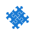 Vier blaue Puzzleteile, die ein Quadrat bilden, auf grünem Hintergrund.