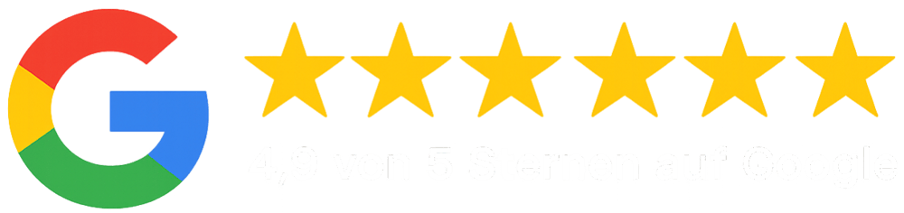 Google Logo mit fünf gelben Sternen und dem Text „4,9 von 5 Sternen auf Google“.