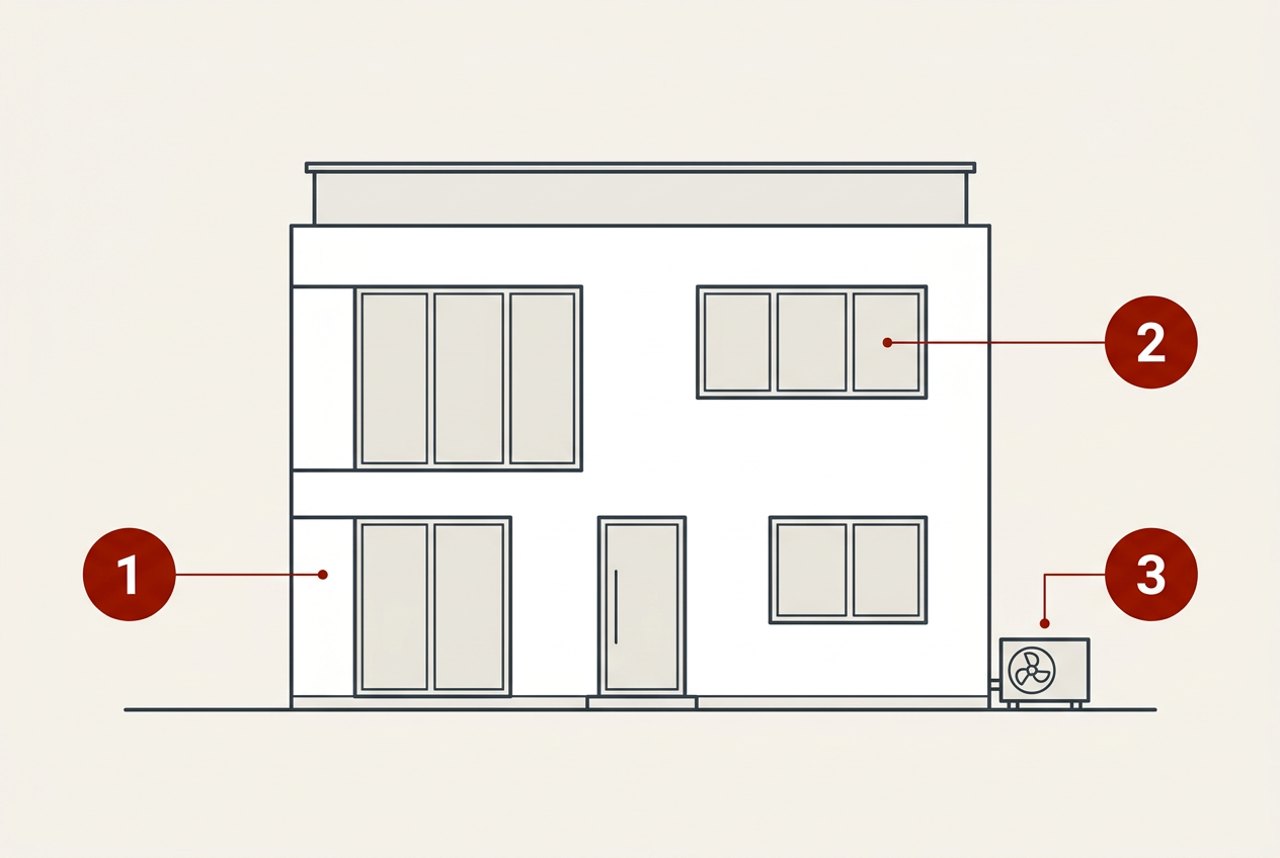Schematische Frontansicht eines Wohngebäudes mit drei nummerierten Verweisen auf Materialien und Rohbau, Gebäudehülle sowie Haustechnik.