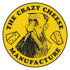 Gelbes, rundes Logo mit bärtigem Mann, zwei Käsestücken und Text „THE CRAZY CHEESE MANUFACTURE“.
