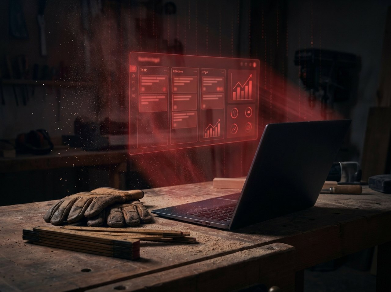 CRM-Dashboard über Laptop in einer Werkstatt – Vertriebssystem für Handwerksbetriebe