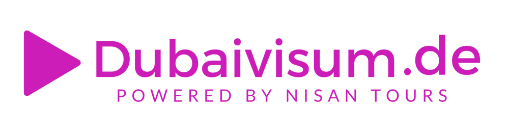 Lila Play-Symbol links neben dem Text "Dubaivisum.de POWERED BY NISAN TOURS" auf dunkelgrünem Hintergrund.