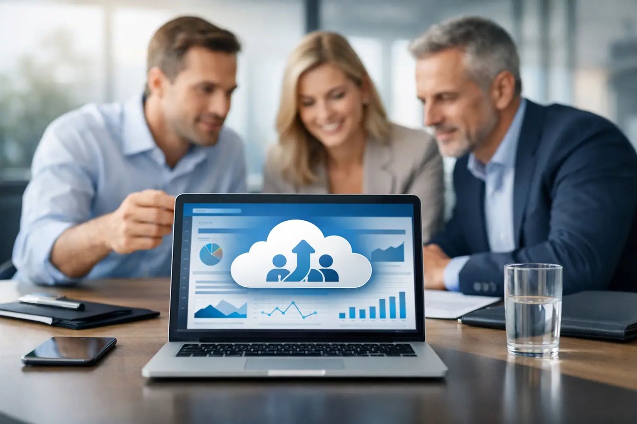Drei Geschäftsleute betrachten einen Laptop mit einem Cloud-Computing-Dashboard und Datenvisualisierungen.