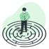 Illustration: Mann mit grünem Hemd steht ratlos im Zentrum eines runden Labyrinths