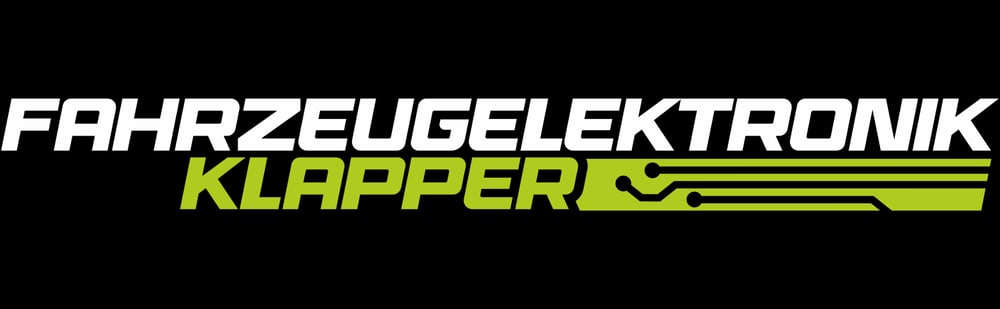 Logo "FAHRZEUGELEKTRONIIK KLAPPER" in Weiß und Neongrün mit Schaltkreis-Grafik auf schwarzem Hintergrund.