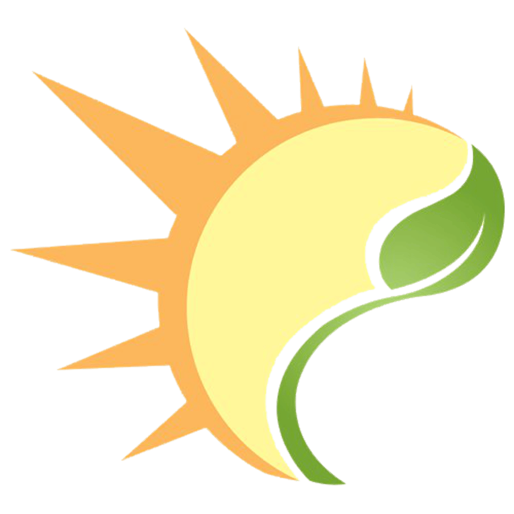 Stilisierte gelbe Sonne mit spitzen Strahlen auf der linken Seite und einem integrierten grünen Blatt auf der rechten Seite.
