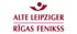 Logo mit einem stilisierten Menschen und Text "ALTE LEIPZIGER RĪGAS FENIKSS" in Rot auf Weiß.