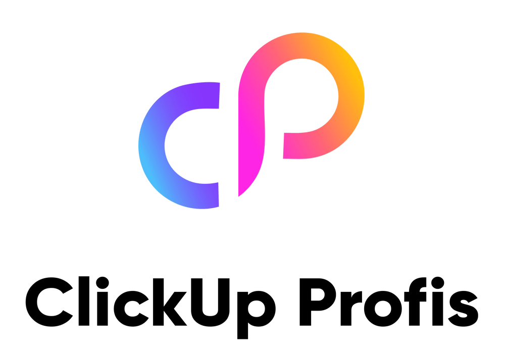 Logo "ClickUp Profis" mit einem bunten, geschwungenen Symbol, das an die Buchstaben "c" und "p" erinnert.