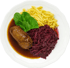 Ein Teller mit Brauhaus-Ente, Rotkohl, Spätzle und dunkelgrünem Spinat in dunkler Soße.