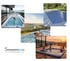 Vier Bilder zeigen Infinity-Pools, Schwimmbecken mit Abdeckung und Menschen im Whirlpool, dazu Text "SwimmingPools Manufacture".