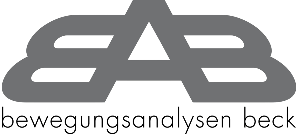 Graues Logo mit stilisierten Buchstaben "BAB" über dem Text "bewegungsanalysen beck" auf grünem Hintergrund.