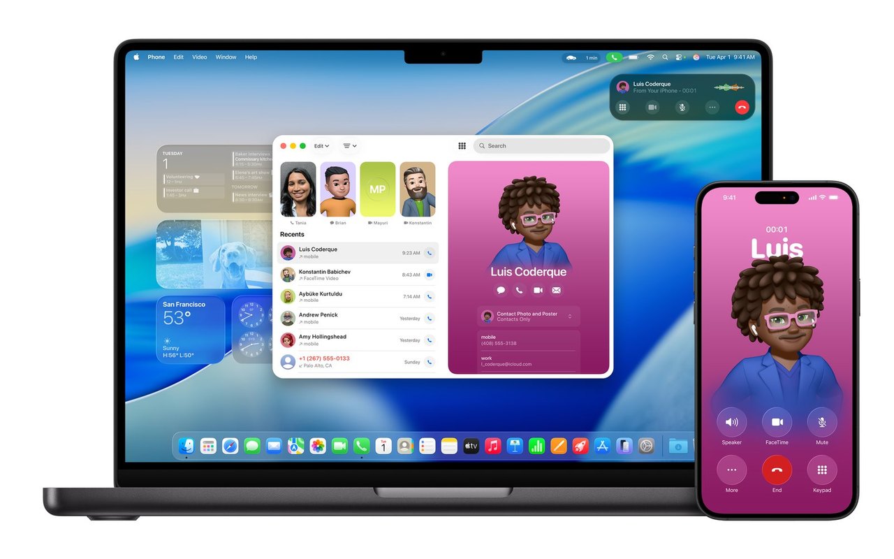 MacBook Pro und iPhone nebeneinander, auf beiden ist dasselbe Telefonat zu sehen, auf dem Mac zusätzlich Kontakte und Anrufliste