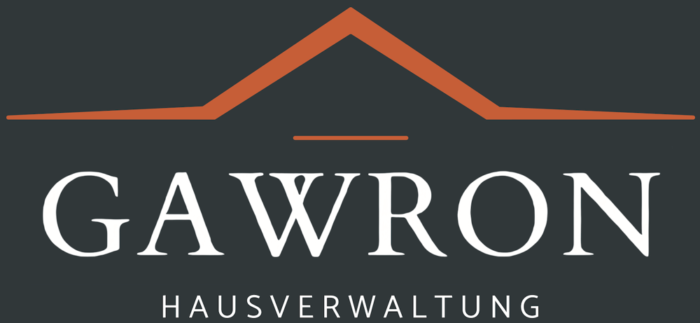 Firmenlogo mit orangefarbenem Dachsymbol über dem weißen Text "GAWRON HAUSVERWALTUNG" auf dunkelgrauem Hintergrund.