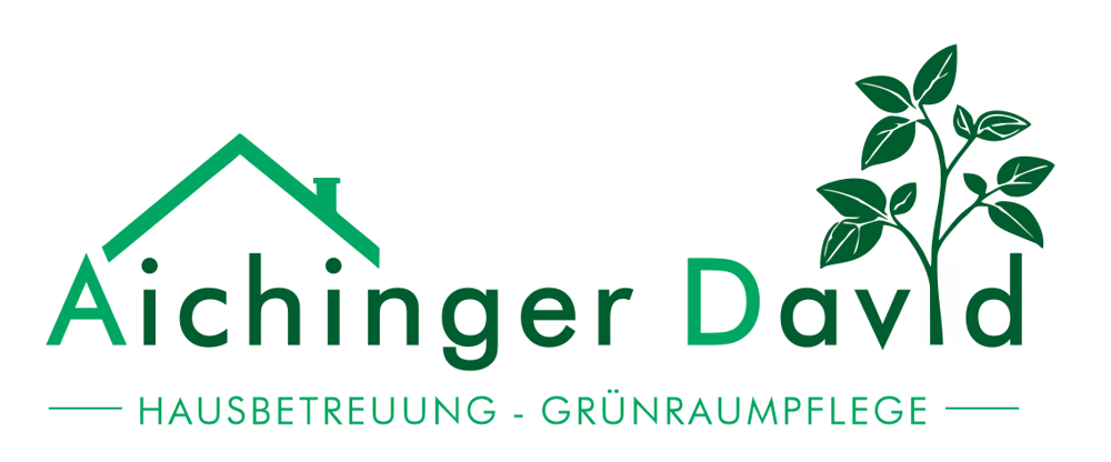 Aichinger David – Hausbetreuung – Grünraumpflege Logo mit Hausdach und grüner Pflanze.