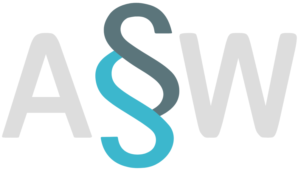 ASW Logo mit einem großen grauen A, einem blau-grau verschlungenen Paragrafenzeichen in der Mitte und einem grauen W.