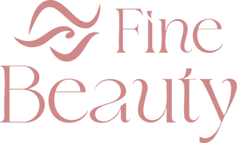 Fine Beauty-Logo mit elegant geschwungener pinker Schrift und einer wellenförmigen Grafik darüber.