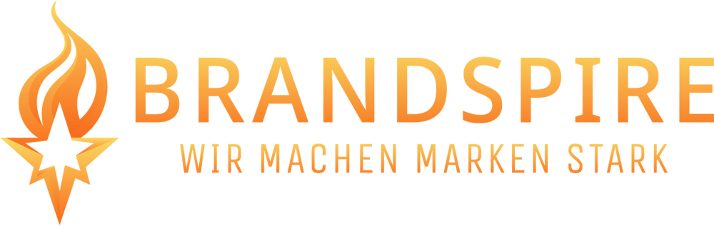 Brandspire Logo mit Flamme und Stern, Text: WIR MACHEN MARKEN STARK.