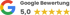 Google-Logo, Text "Google Bewertung", 5,0 und fünf goldene Sterne auf dunkelgrünem Hintergrund.
