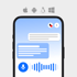 Smartphone-Bildschirm mit Chat-Nachrichten, Mikrofon und Audio-Wellenform, umgeben von Betriebssystem-Logos.