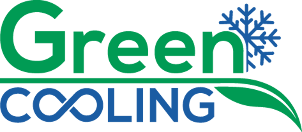 Logo "Green Cooling" in Grün und Blau mit Schneeflocke und Blatt.